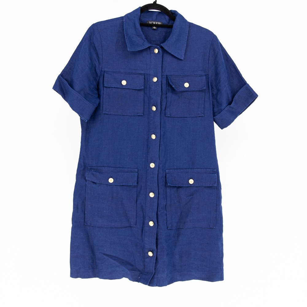 J. Crew Women's Gamine Linen Collared Button Front Mini Shirt Dress Navy Blue 8